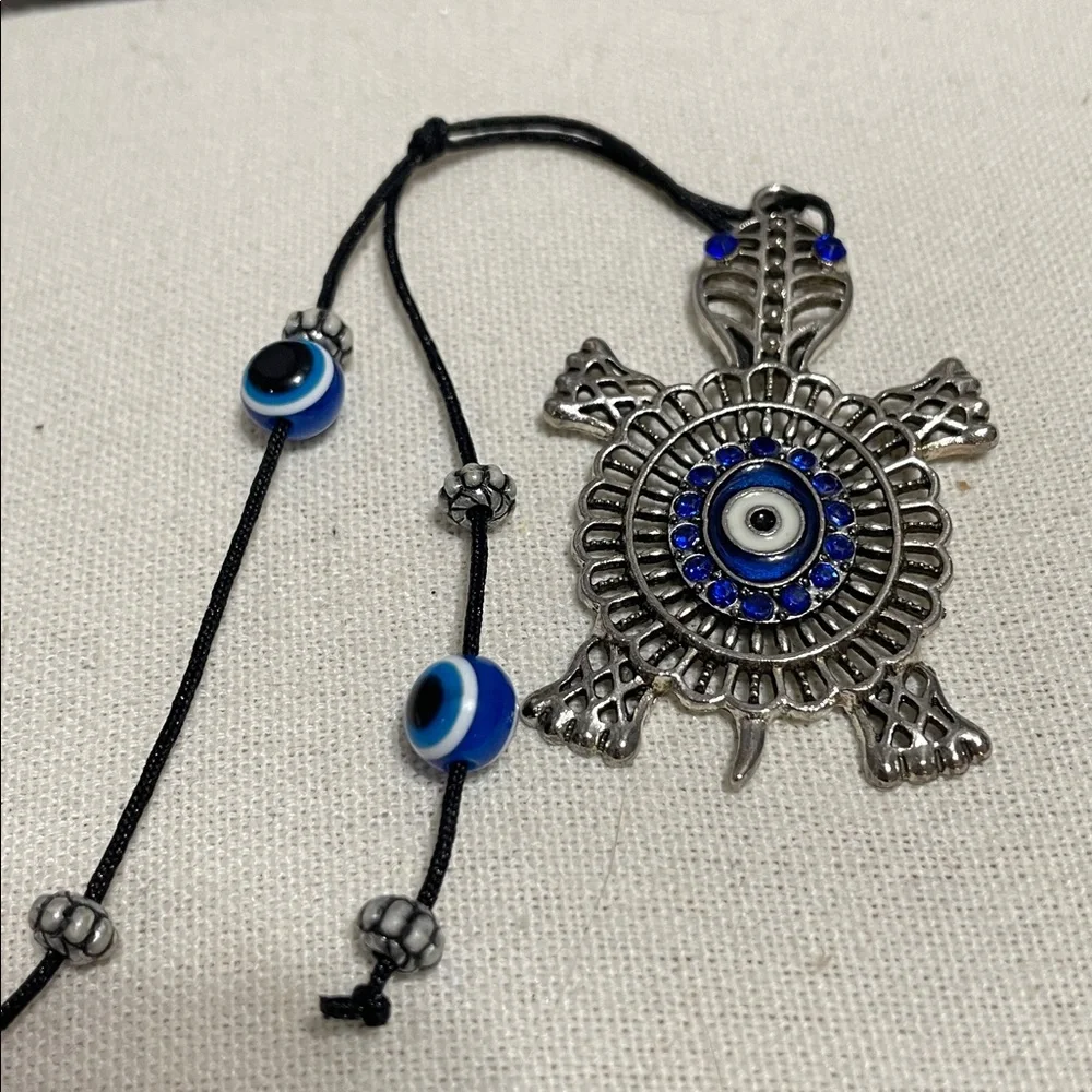 Silver Turtle Evil Eye Pendant Necklace - Blue Accent